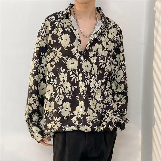 レトロフラワープリント ブラウンシャツ