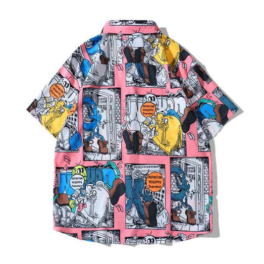 ピンクベース アメコミプリント半袖シャツ