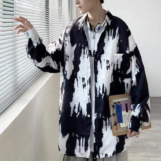 モノトーングラフィックプリント 長袖ビッグシャツ