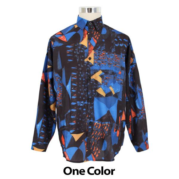 ブルー×オレンジ 幾何学プリント 長袖シャツ