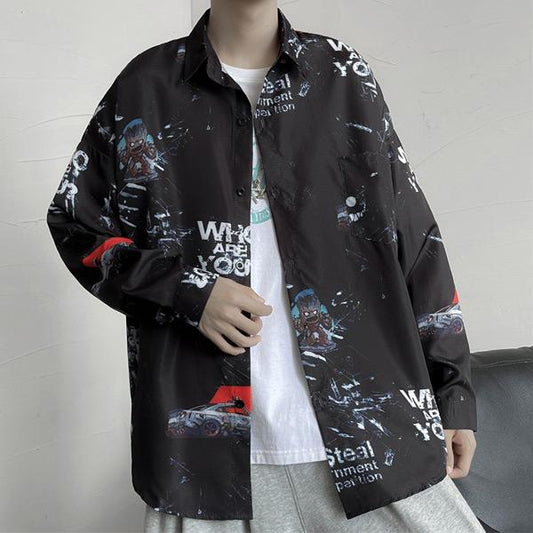 SFデザインプリント 長袖ブラックシャツ