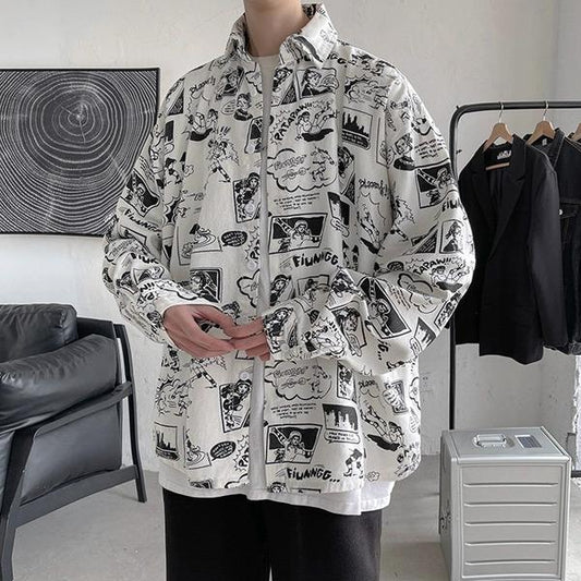 アメリカンコミックプリント モノトーン長袖シャツ