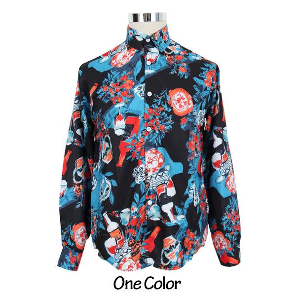 ブルー×オレンジ ワインイラストアート長袖シャツ