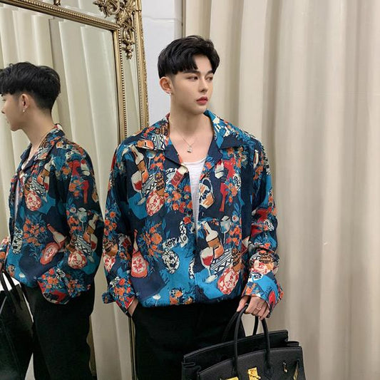 ブルー×オレンジ ワインイラストアート長袖シャツ