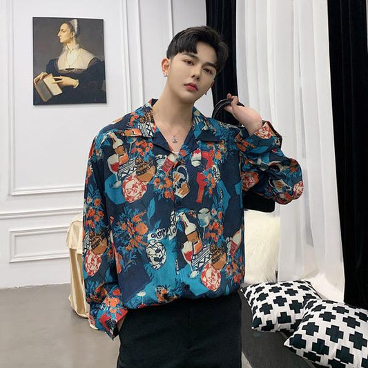 ブルー×オレンジ ワインイラストアート長袖シャツ