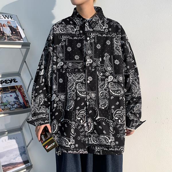 ブラックバンダナプリント 長袖ルーズシャツ
