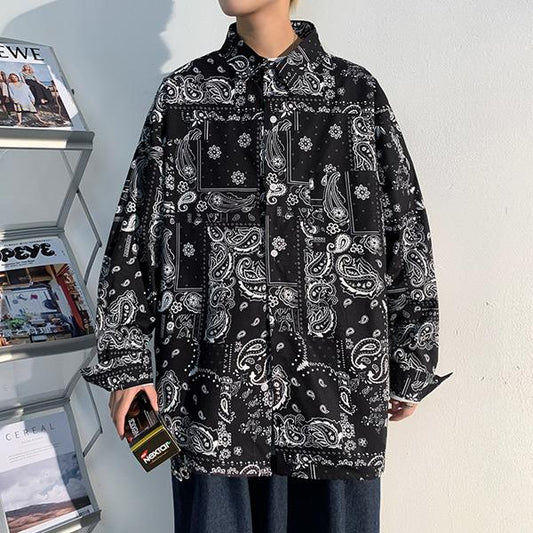 ブラックバンダナプリント 長袖ルーズシャツ