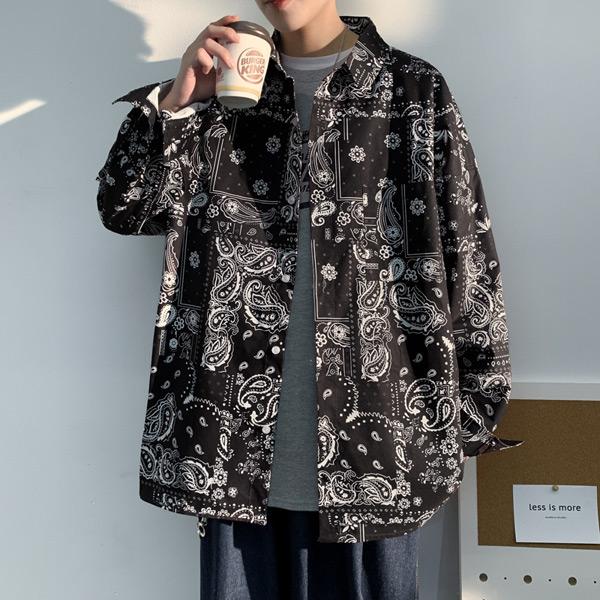 ブラックバンダナプリント 長袖ルーズシャツ