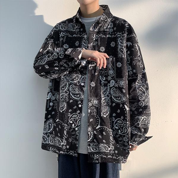 ブラックバンダナプリント 長袖ルーズシャツ
