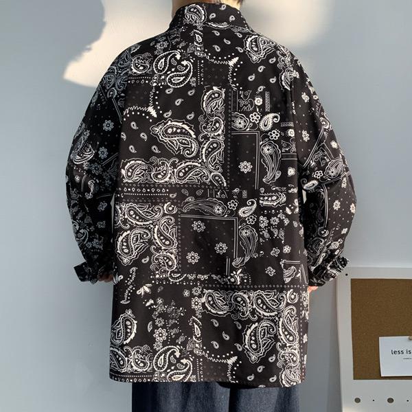 ブラックバンダナプリント 長袖ルーズシャツ