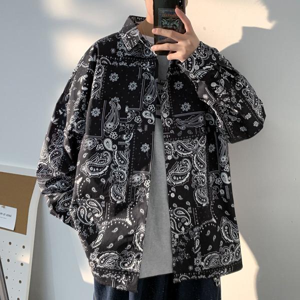 ブラックバンダナプリント 長袖ルーズシャツ