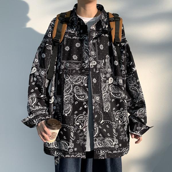 ブラックバンダナプリント 長袖ルーズシャツ
