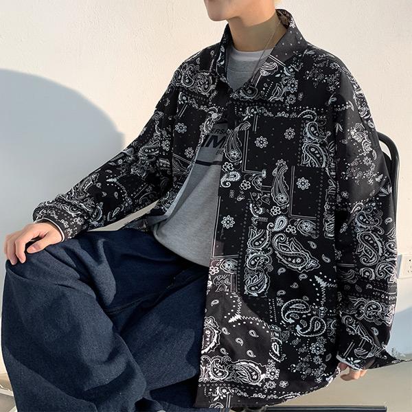 ブラックバンダナプリント 長袖ルーズシャツ