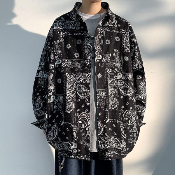 ブラックバンダナプリント 長袖ルーズシャツ