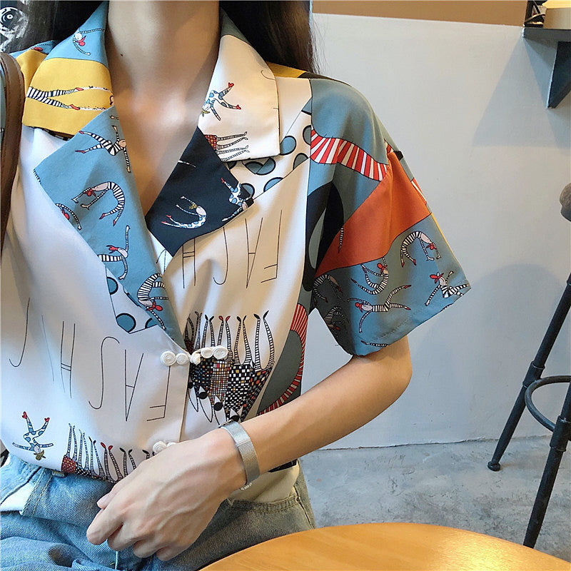 ランダムカラーブロッキングジャケット風半袖シャツ