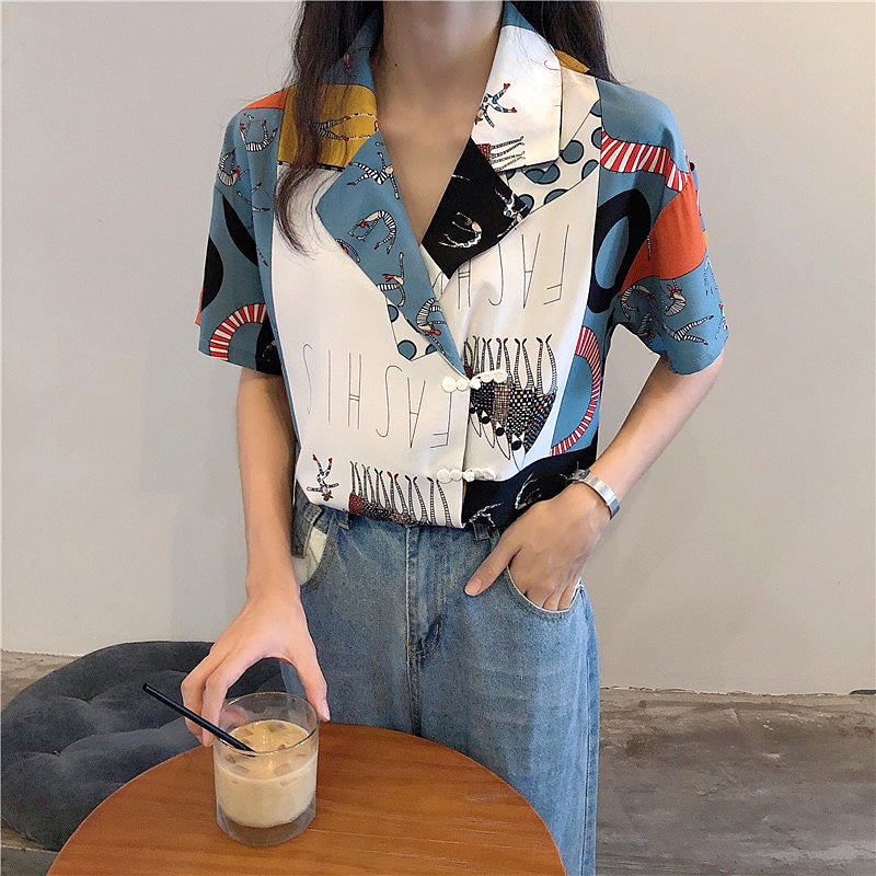 ランダムカラーブロッキングジャケット風半袖シャツ