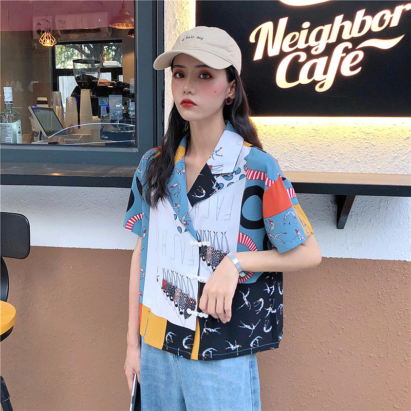 ランダムカラーブロッキングジャケット風半袖シャツ