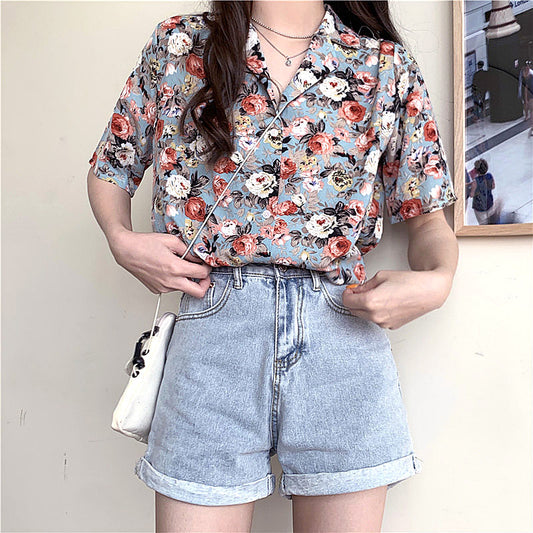 ノスタルジックフラワーでときめくオープンカラー半袖シャツ