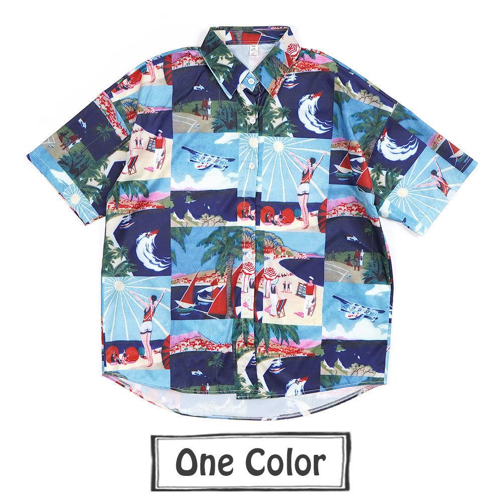 レトロサマーイラストのブロッキング半袖シャツ