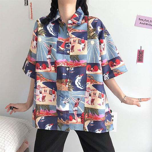 レトロサマーイラストのブロッキング半袖シャツ
