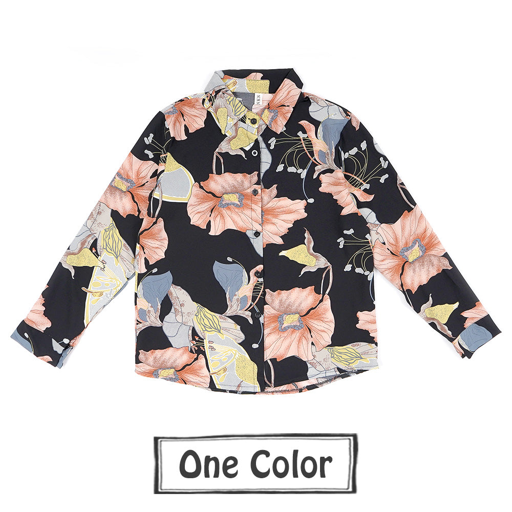 サーモンピンクのビッグフラワー長袖シフォンシャツ