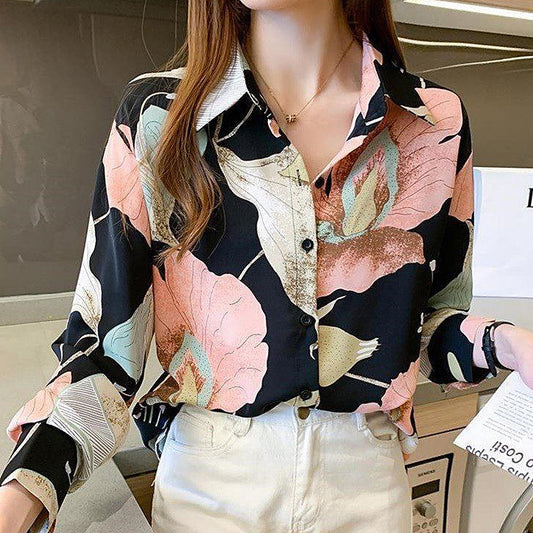 サーモンピンクのビッグフラワー長袖シフォンシャツ