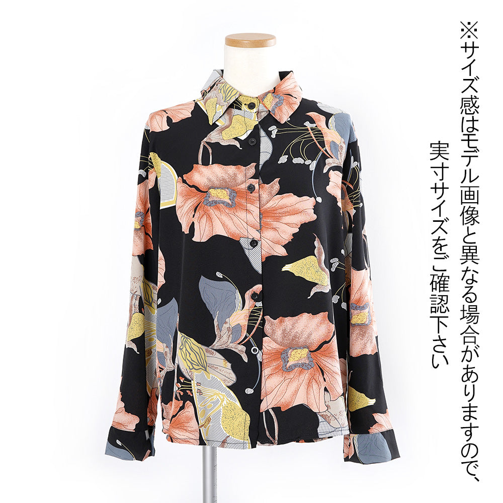 サーモンピンクのビッグフラワー長袖シフォンシャツ