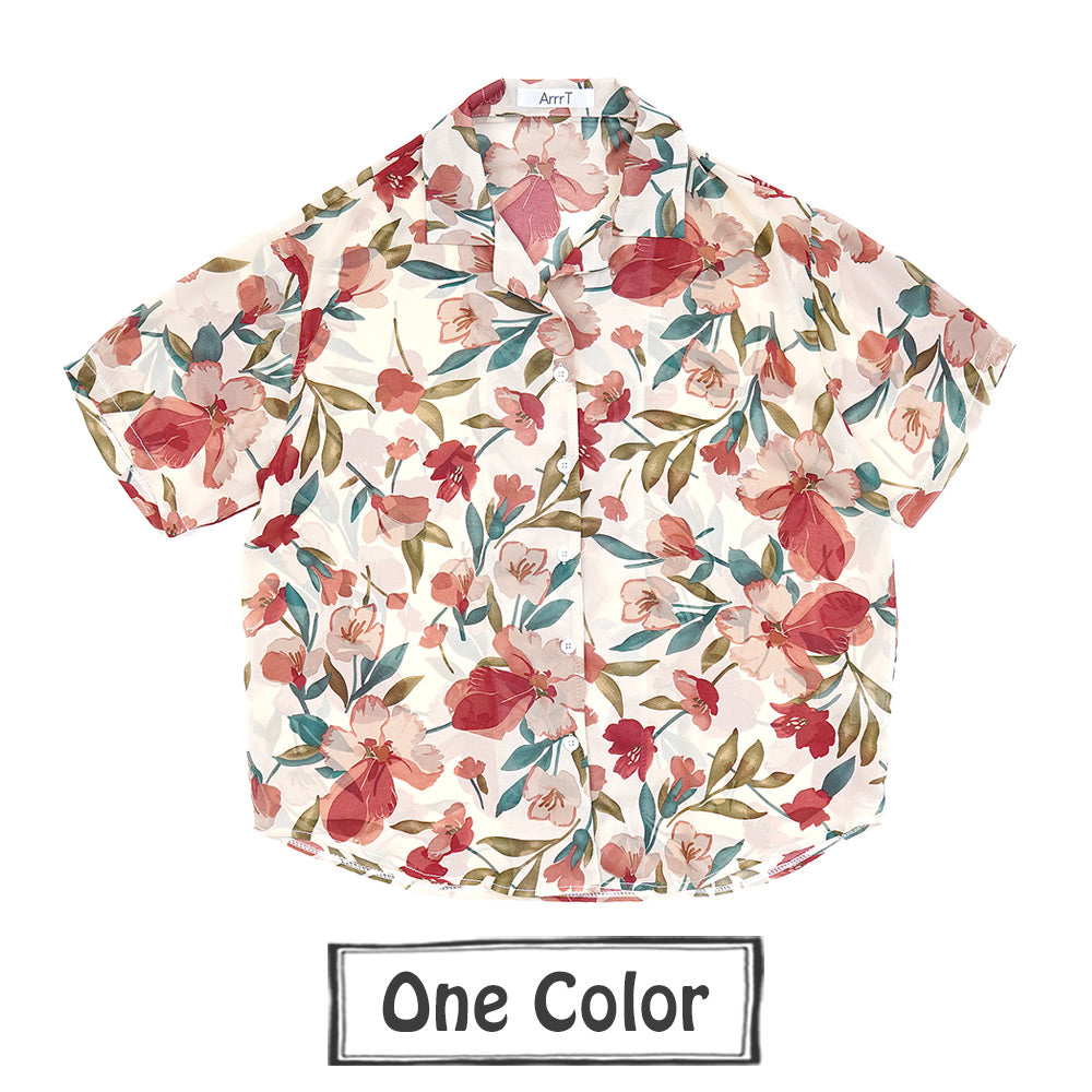 レッドフラワーラバーのシアーオープンカラー半袖シャツ