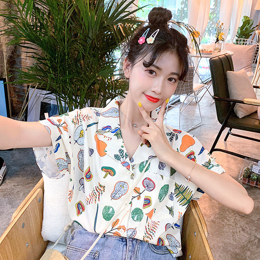 キノコや野菜、フルーツのオープンカラーフレンチスリーブシャツ