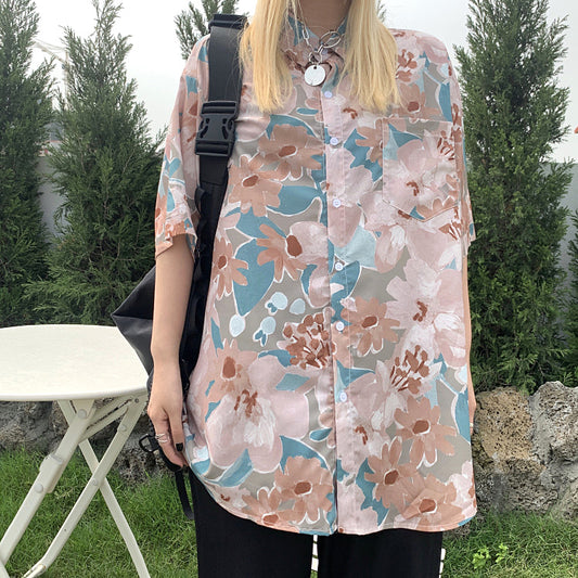 オイルペイントフラワーの半袖シャツ