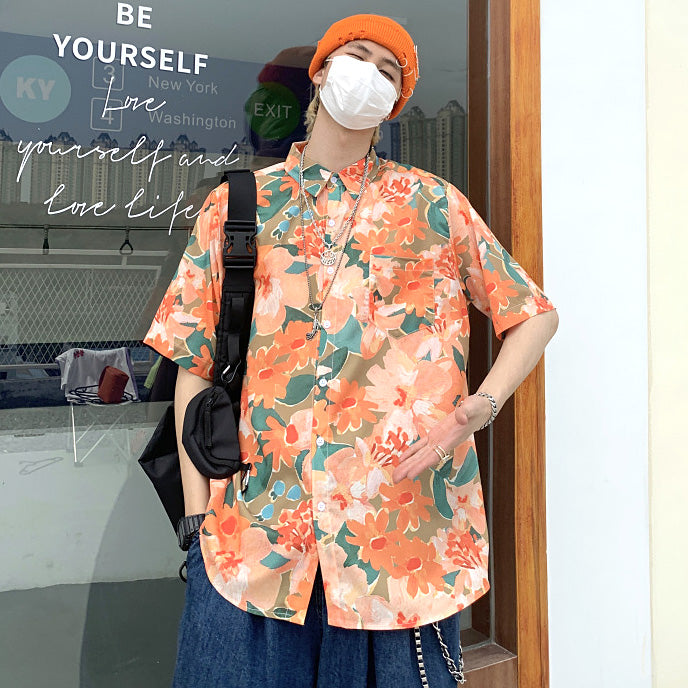 オイルペイントフラワーの半袖シャツ