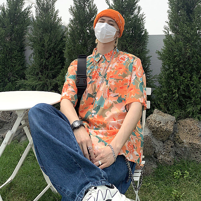 オイルペイントフラワーの半袖シャツ