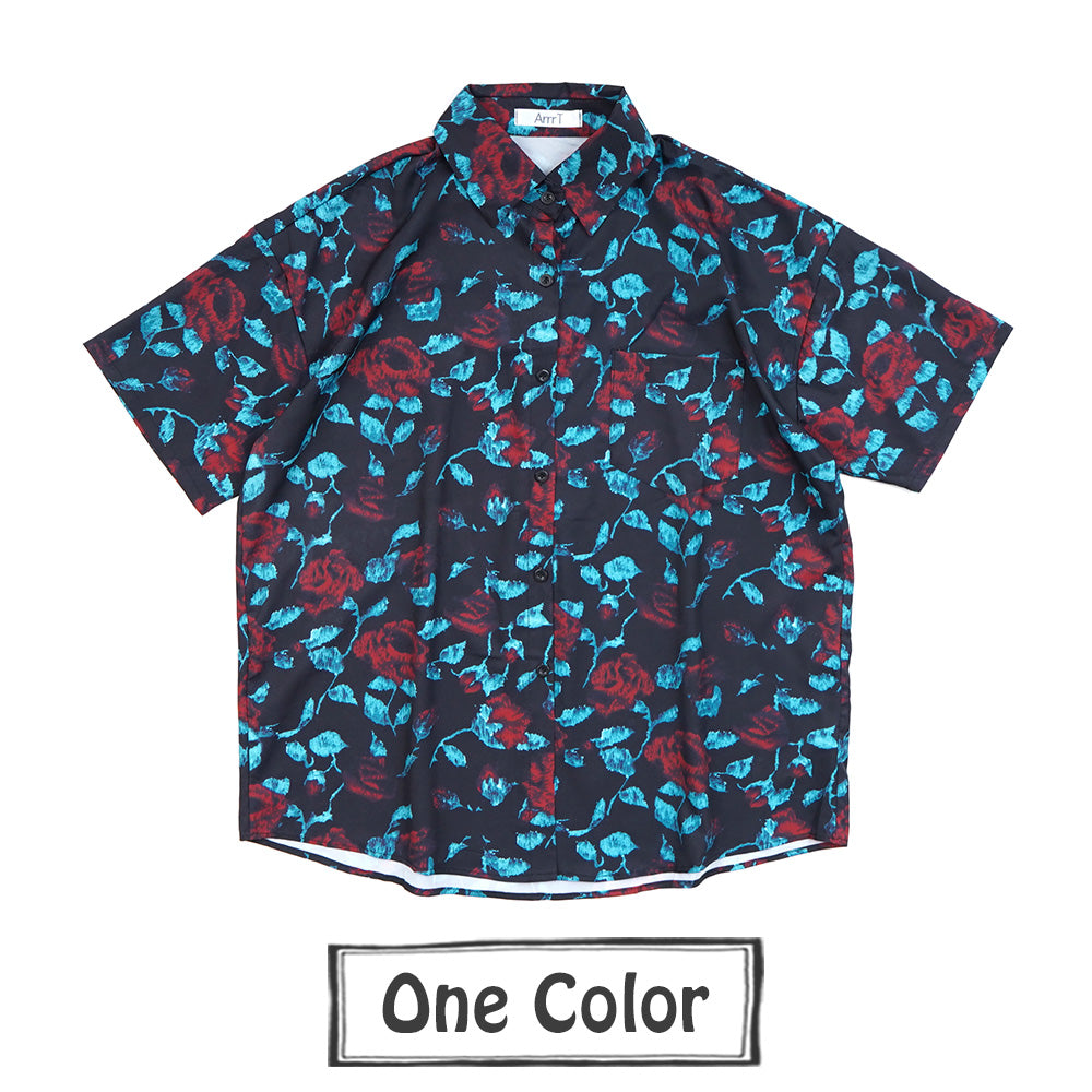 ダークローズプリントのビッグシルエット半袖シャツ