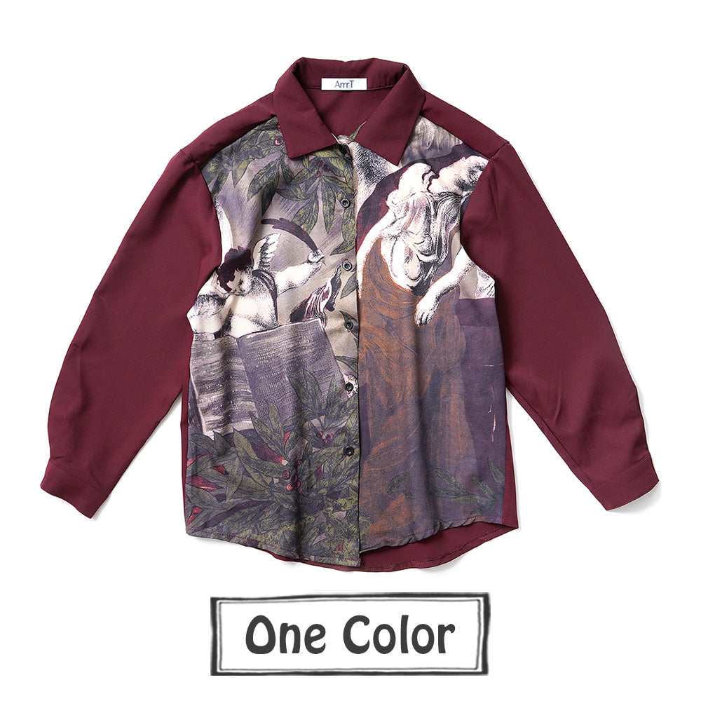 ワインレッドと天使柄の長袖シャツ