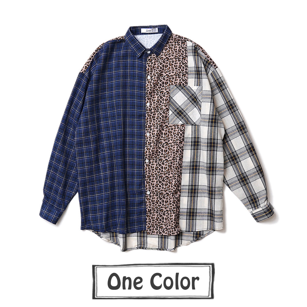 2テイストチェック柄&ヒョウ柄のアシンメトリー長袖シャツ