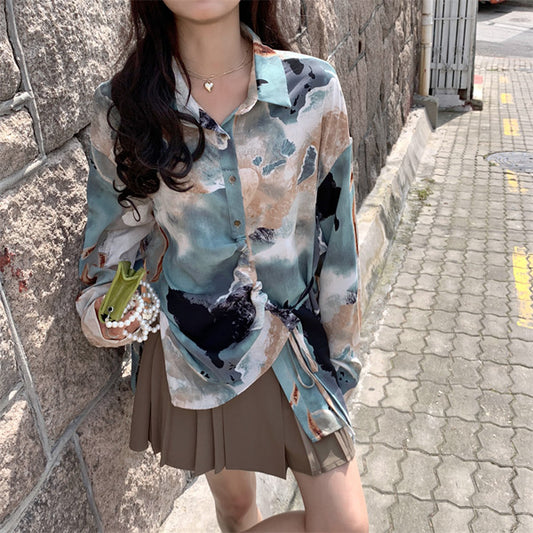 変形シルエット ライトブルーグラデ長袖シャツ