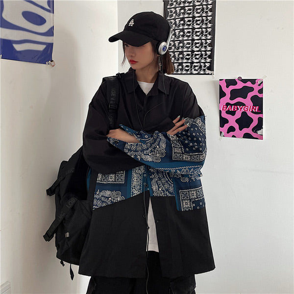 ブラック×バンダナデザイン長袖シャツ