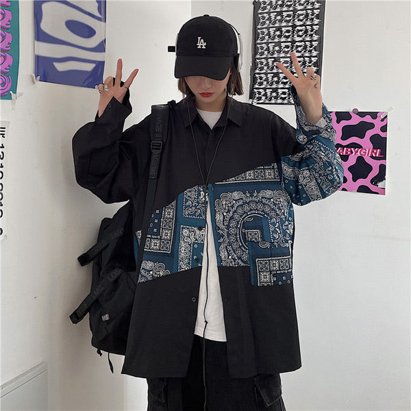 ブラック×バンダナデザイン長袖シャツ