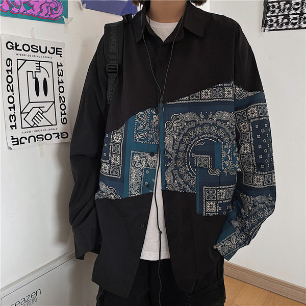 ブラック×バンダナデザイン長袖シャツ