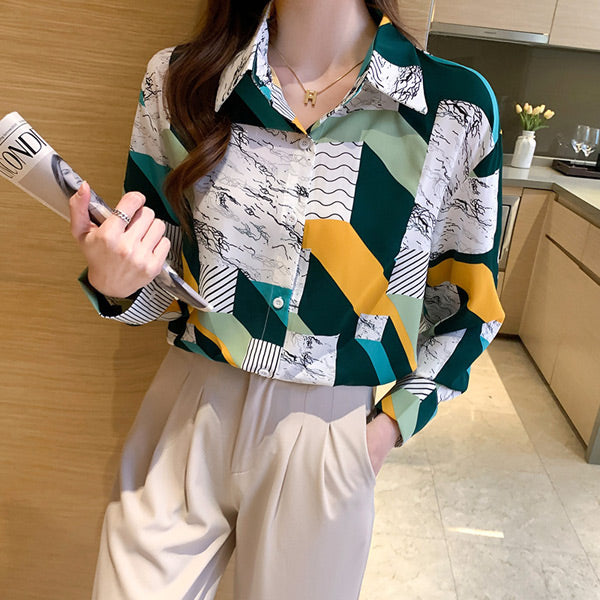幾何柄グラフィックプリント 長袖シャツ