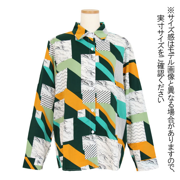 幾何柄グラフィックプリント 長袖シャツ