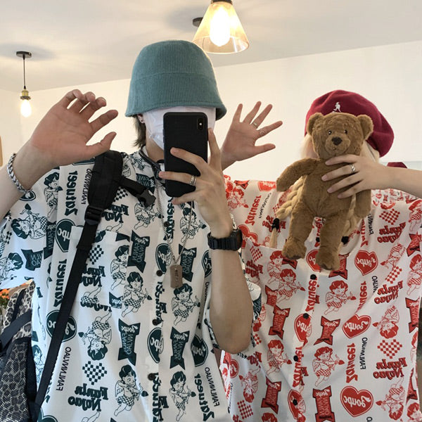 コミカルエンジェルプリント半袖シャツ
