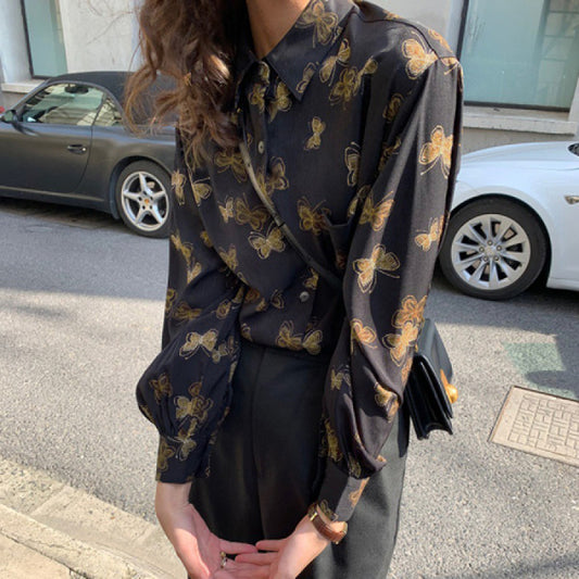 レトロチック蝶々プリント 長袖シャツ
