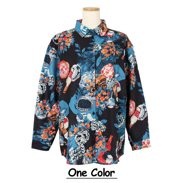 ブルー×オレンジのレトロプリント長袖シャツ