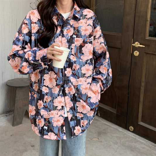 レトロチックフラワープリント長袖シャツ