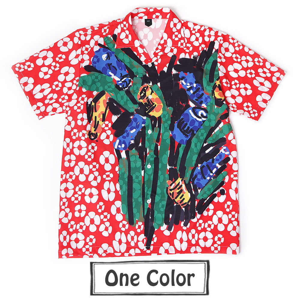 ビッグフラワーアートの半袖オープンカラーシャツ