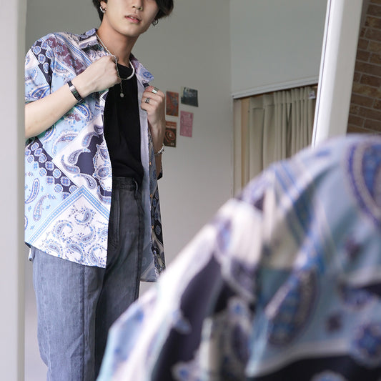 ウッドボタンのペイズリーパッチワーク半袖シャツ