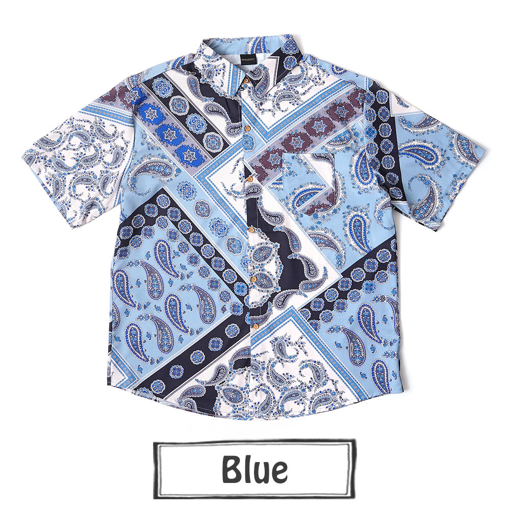 ウッドボタンのペイズリーパッチワーク半袖シャツ