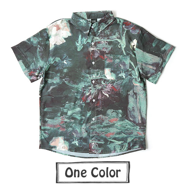 睡蓮の油絵のようなグリーン半袖シャツ