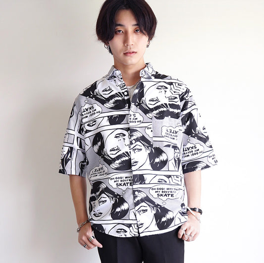 モノクロアメコミパターンのビッグシルエット半袖シャツ
